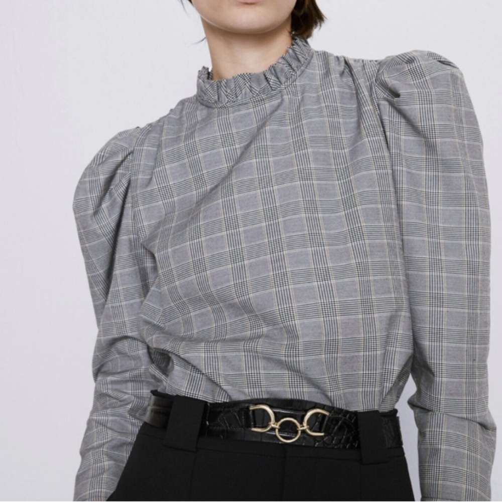 Zara Glen Plaid Black and White Ruffle Neck Keyhole Closure Long Sleeves Blouse.